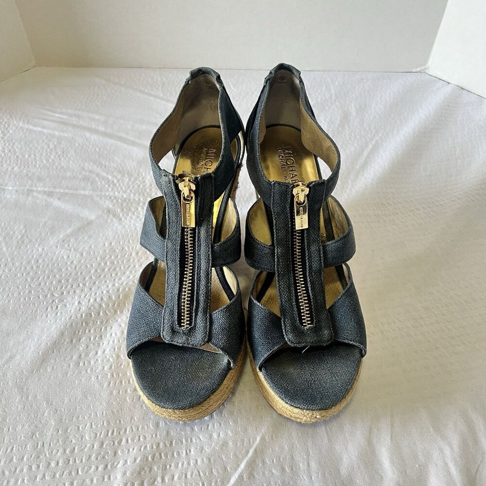 $139 Michael Kors Damita Canvas Front-Zip Espadrille Wedge Sandals Sz 8.5M